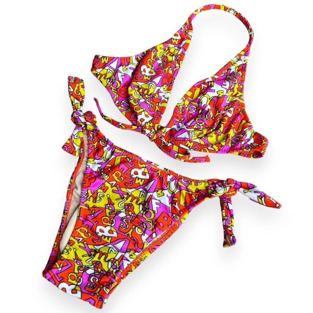 Vintage funky neon letter print bikini